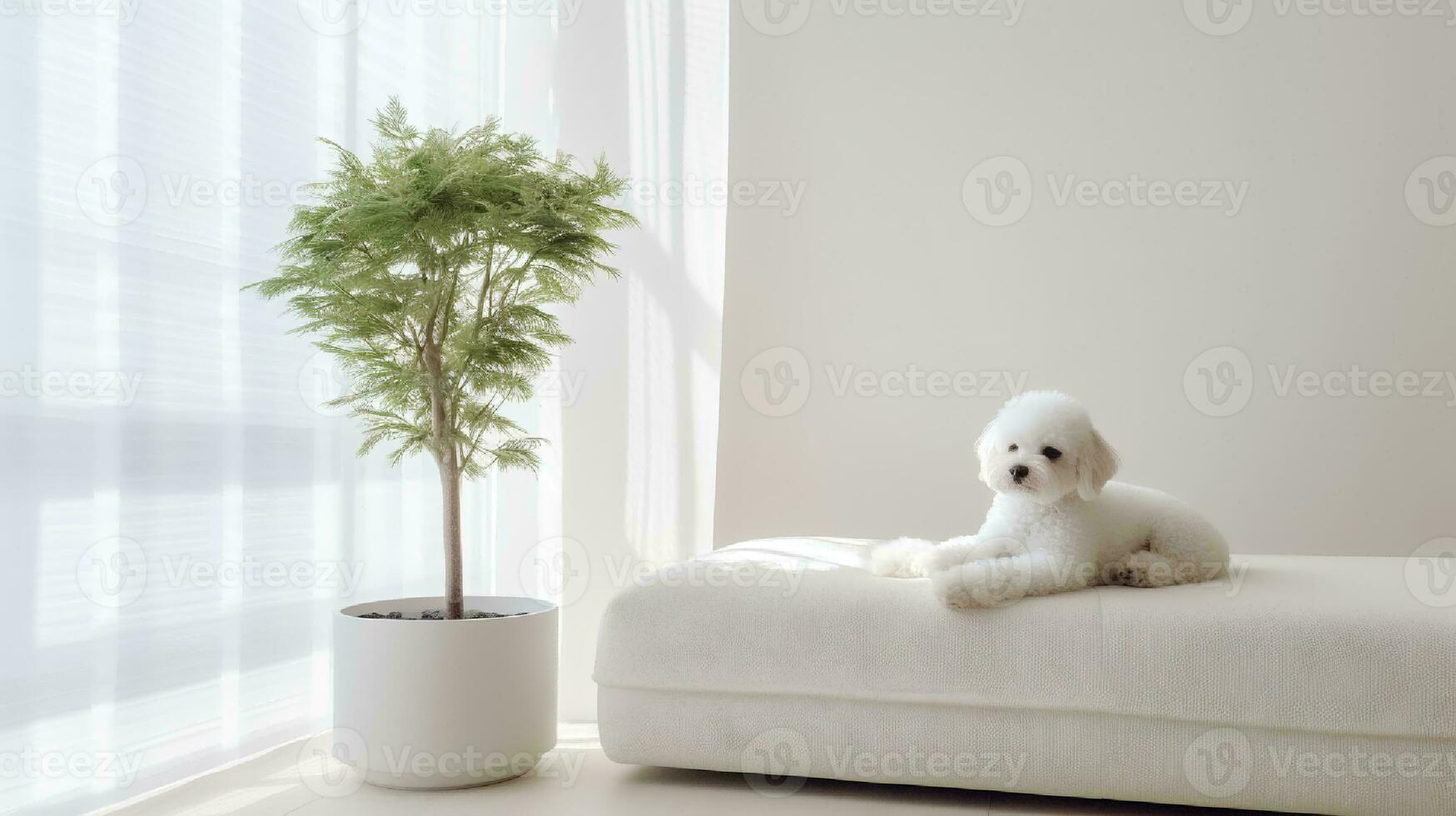 Poodle dog lying on bed in hotel with contemporary interior design. Generative AI photo