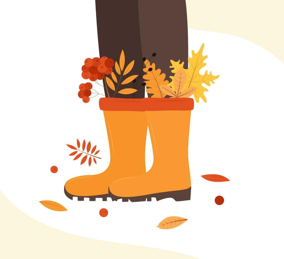 Autumn illustration. Composition of boots leaves flowers berries. Vector illustration.