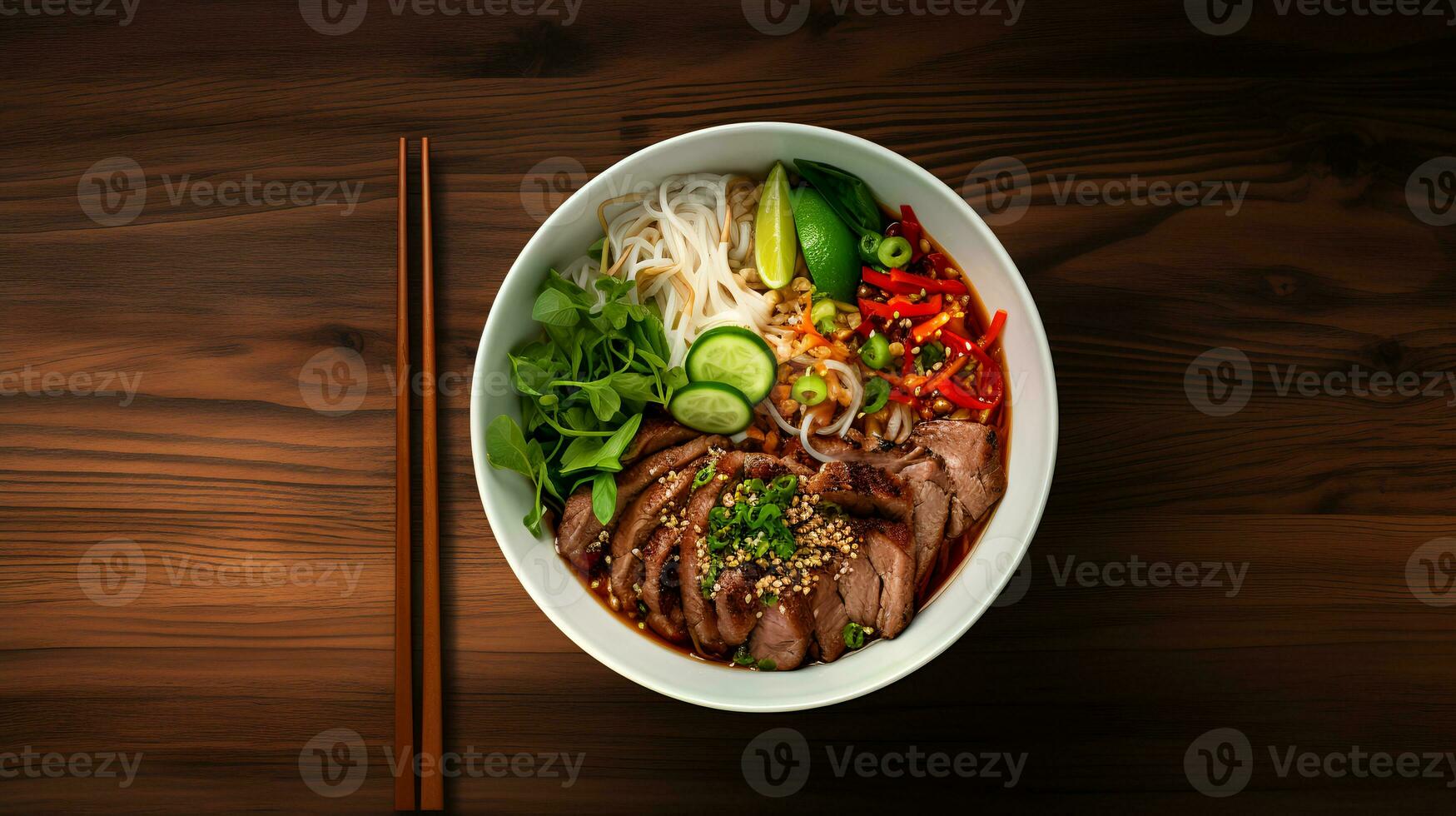 Food photography of pho on wood table. Generative AI photo