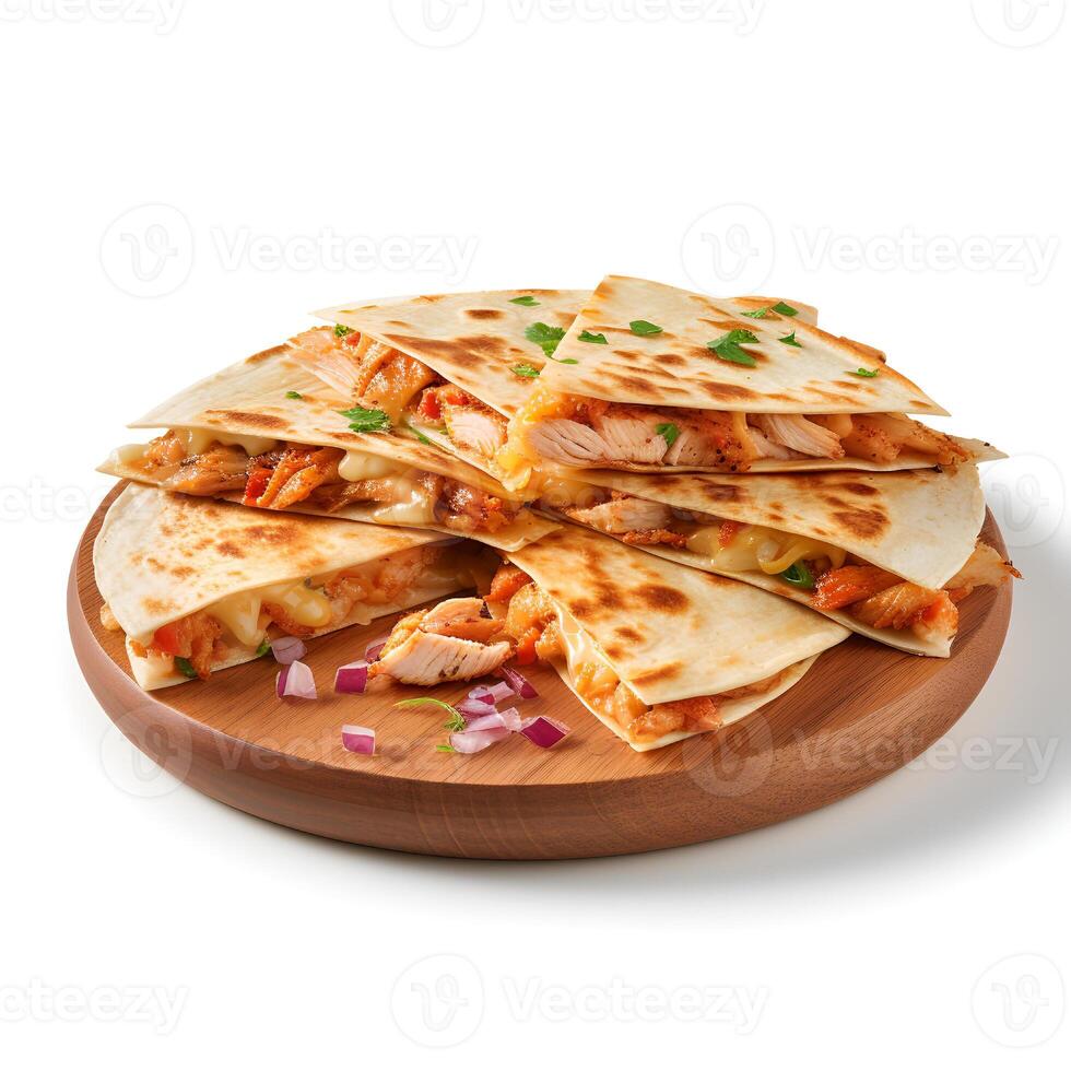 Photo of Chicken Quesadilla on wooden board isolated on white background. Created by Generative AI