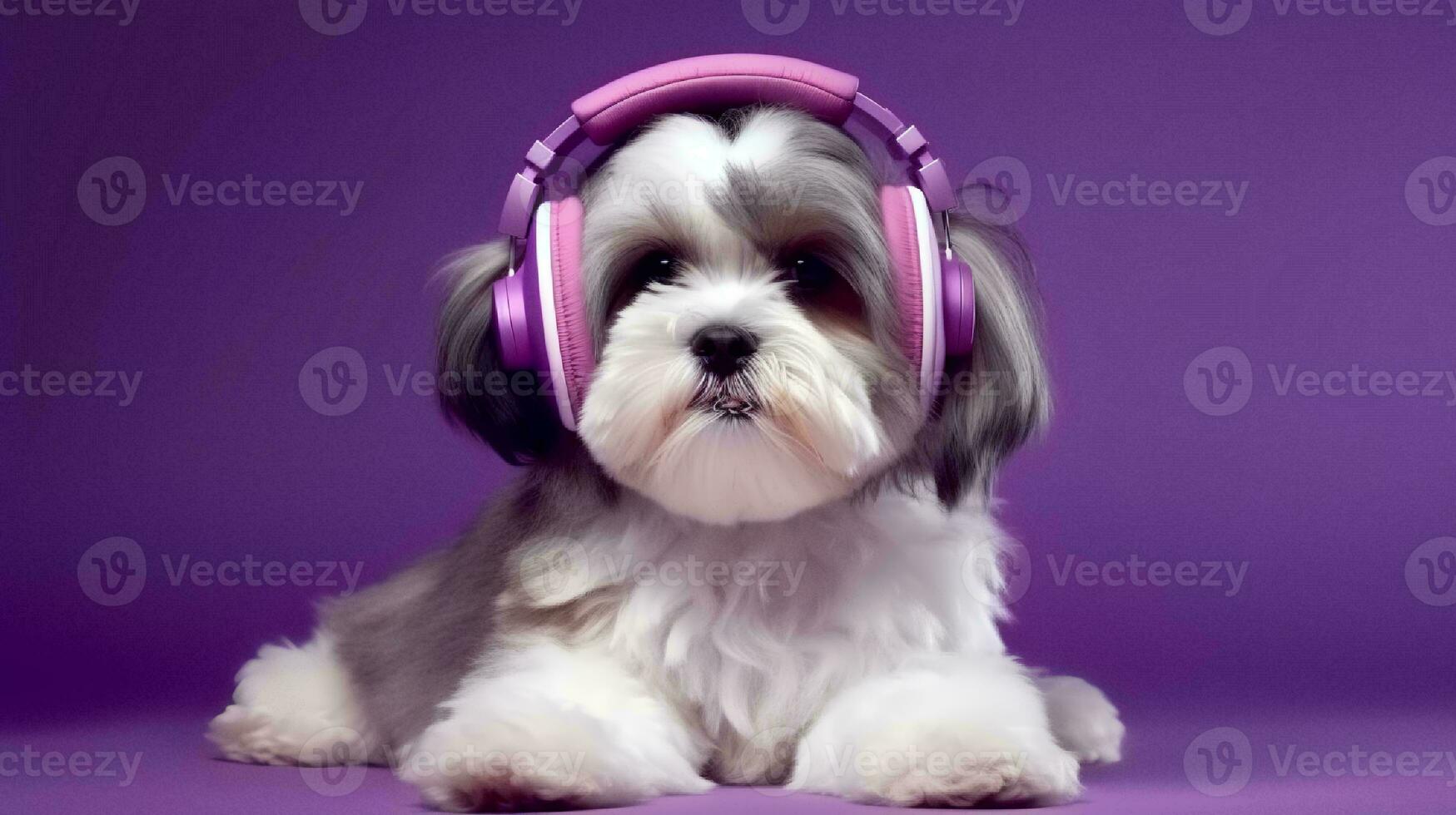 Photo of shih tzu using headphone  on purple background. Generative AI