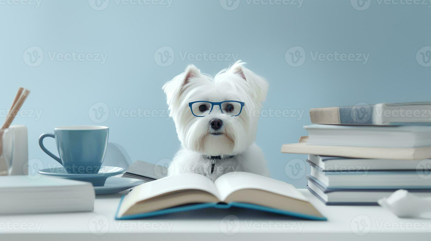 un maltés perro en un suéter se sienta estudiando acompañado por un taza y pila de algo de libros. generativo ai foto
