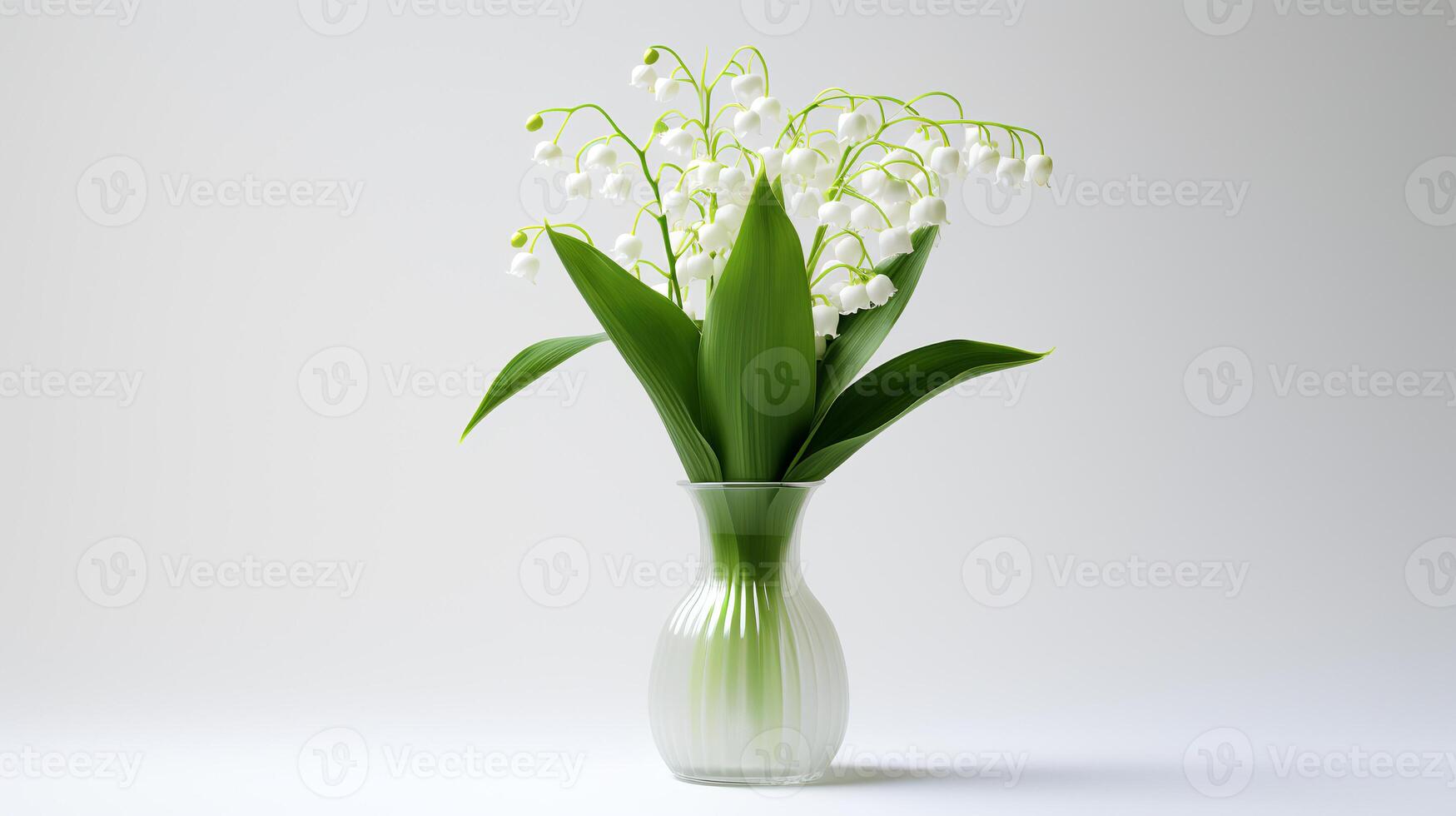 Photo of lily oh the valley in transparent vase as houseplant for home decoration isolated on white background. Generative AI