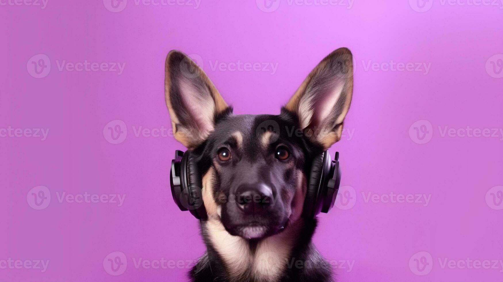 Photo of german shepherd using headphone  on purple background. Generative AI