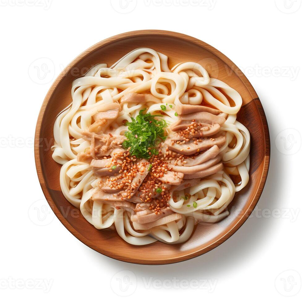 Food photography of Udon on brown bowl isolated on white background. photo