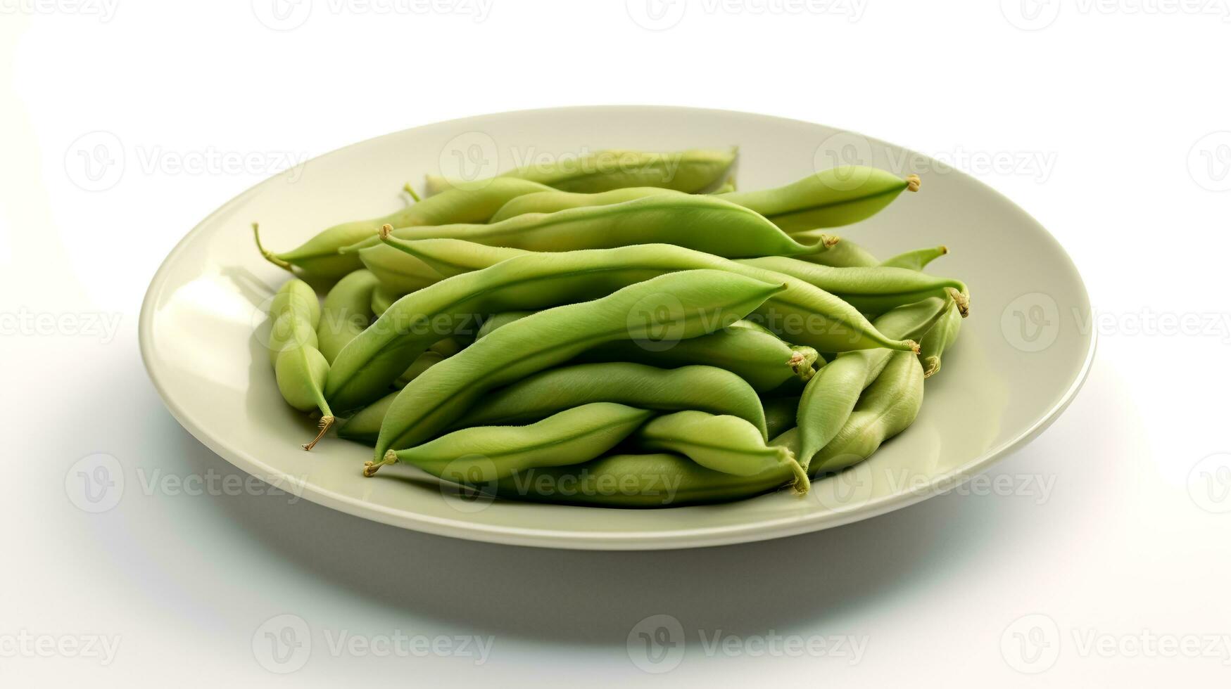 Photo of Green beans on minimalist plate isolated on white background