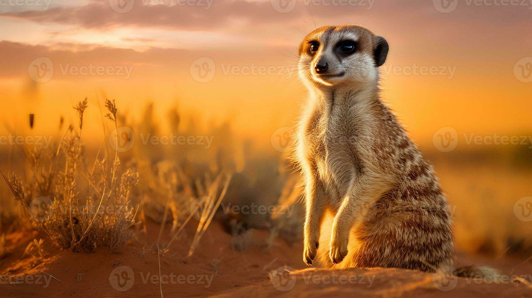 Photo of Meerkat on savanna at sunset. Generative AI