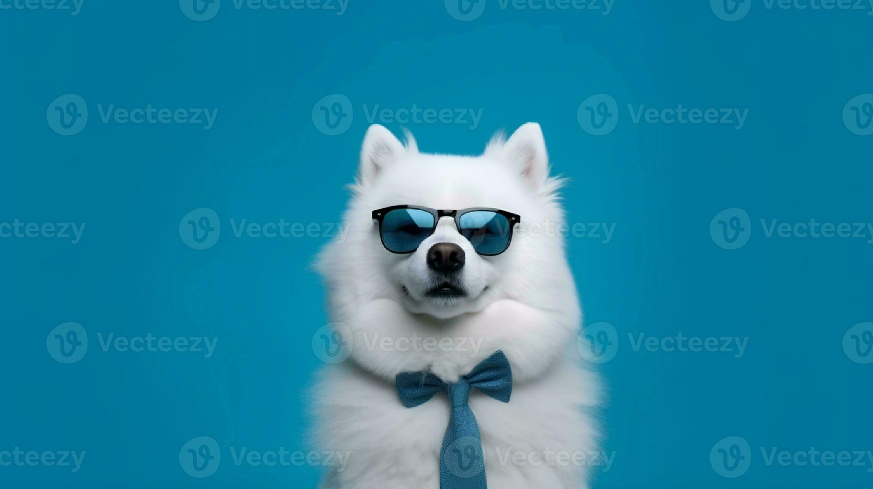 Photo of haughty samoyed dog using glasses  and office suit on white background. Generative AI