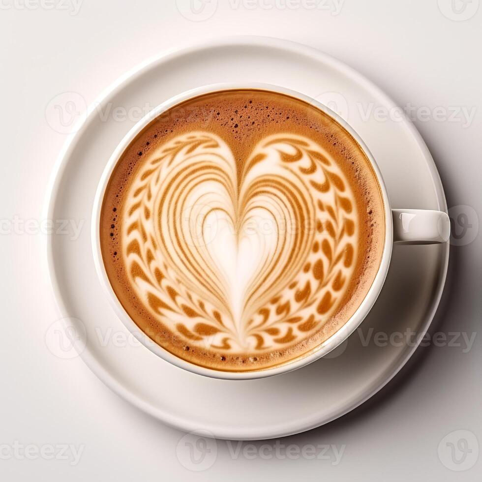 Food photography of A cup latte with love art isolated on white background. photo