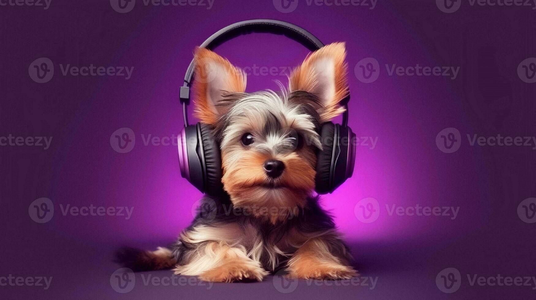 Photo of yorkshire terrier using headphone  on purple background. Generative AI