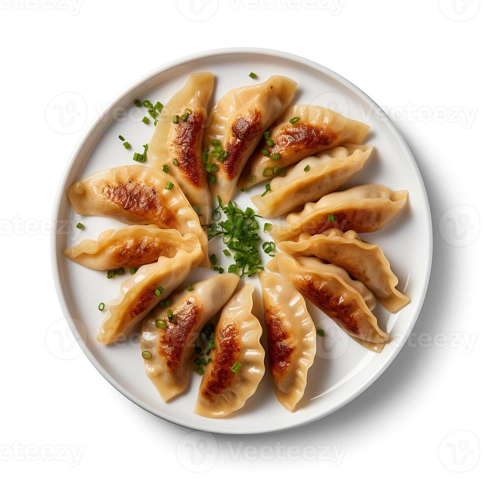 Photo of Gyoza on plate isolated on white background. Created by Generative AI