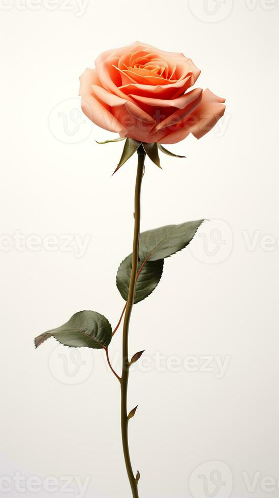 Photo of one stalk of rose flower isolated on white background. Generative AI
