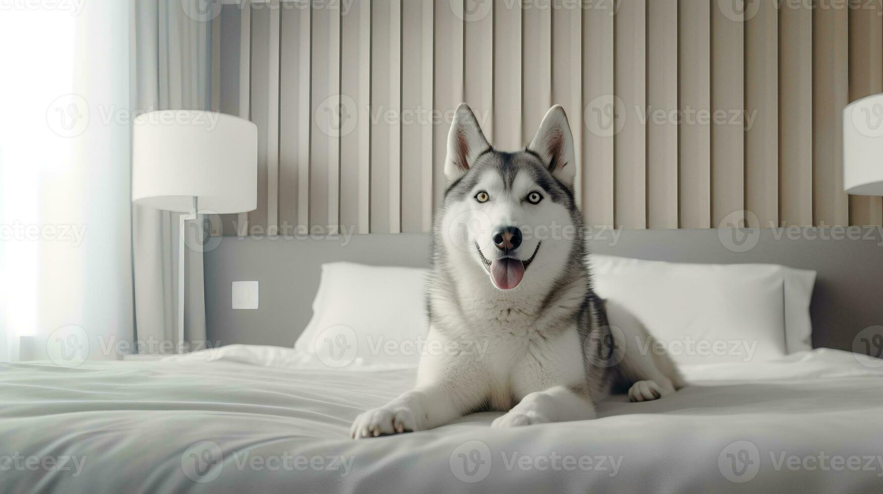 Siberian husky dog lying on bed in hotel with contemporary interior