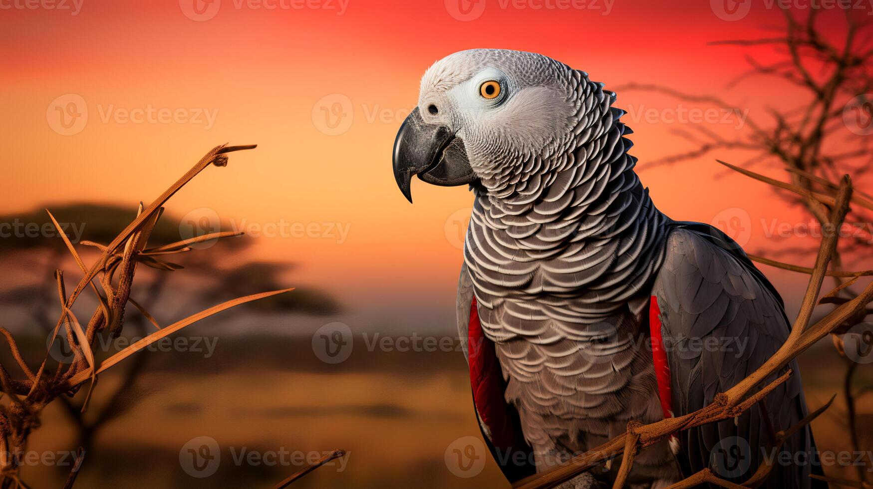 Photo of African Grey Parrot on savanna at sunset.