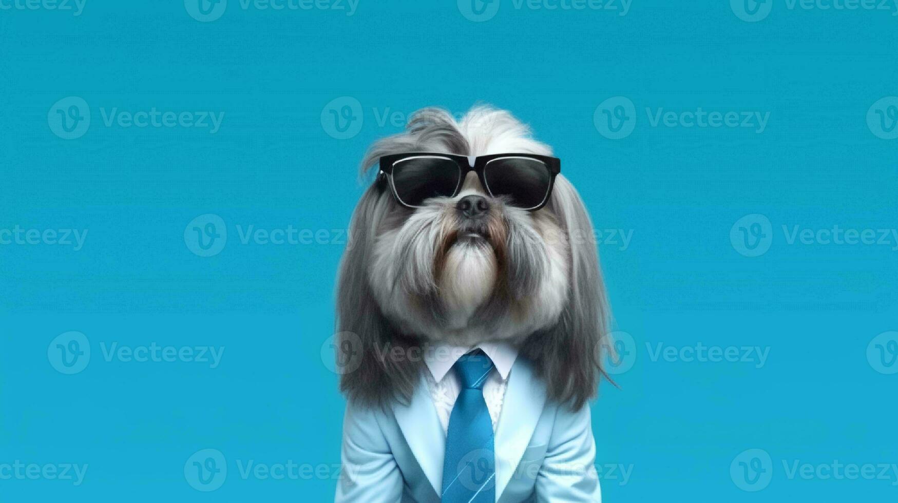 Photo of haughty lhasa apso dog using sunglasses  and office suit on white background. Generative AI