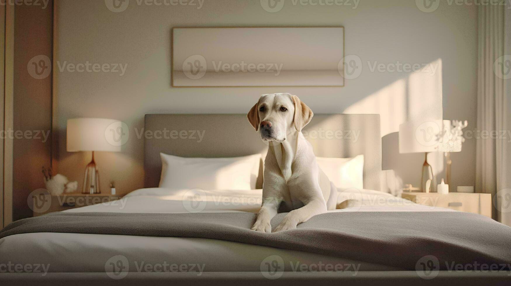 golden retriever dog lying on bed in hotel with contemporary interior design. Generative AI photo