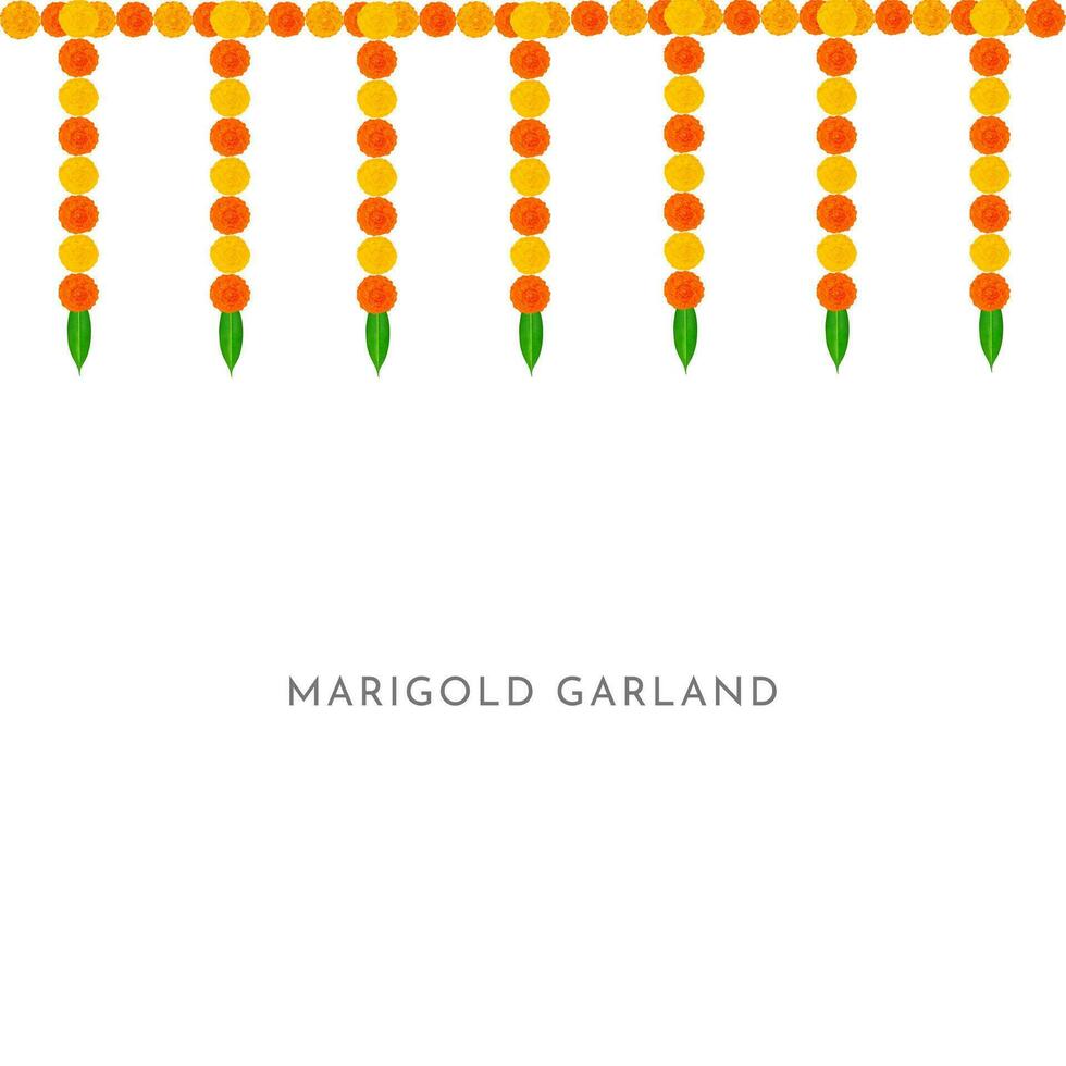 Traditional Indian Marigold Flower Garland with Mango leaves. Decoration for Indian hindu holidays or weddings or Puja Festival, Indian Festival flower decoration vector