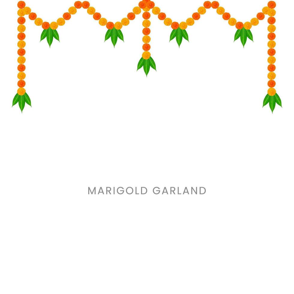 Traditional Indian Marigold Flower Garland with Mango leaves. Decoration for Indian hindu holidays or weddings or Puja Festival, Indian Festival flower decoration vector