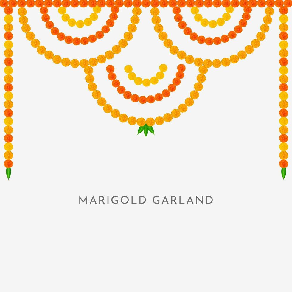 Traditional Indian Marigold Flower Garland with Mango leaves. Decoration for Indian hindu holidays or weddings or Puja Festival, Indian Festival flower decoration vector