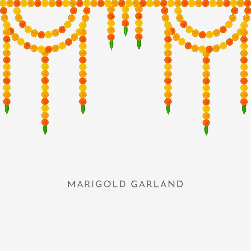 Traditional Indian Marigold Flower Garland with Mango leaves. Decoration for Indian hindu holidays or weddings or Puja Festival, Indian Festival flower decoration vector