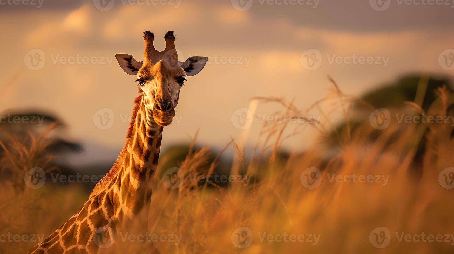 Photo of giraffe on savanna at sunset.