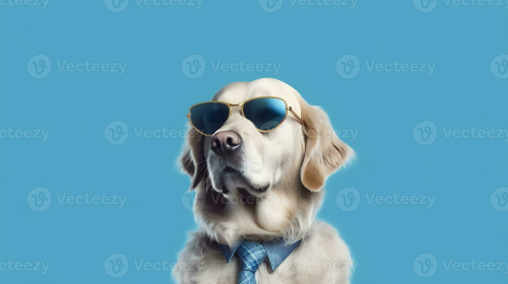 Photo of haughty golden retriever dog using sunglasses  and office suit on white background. Generative AI