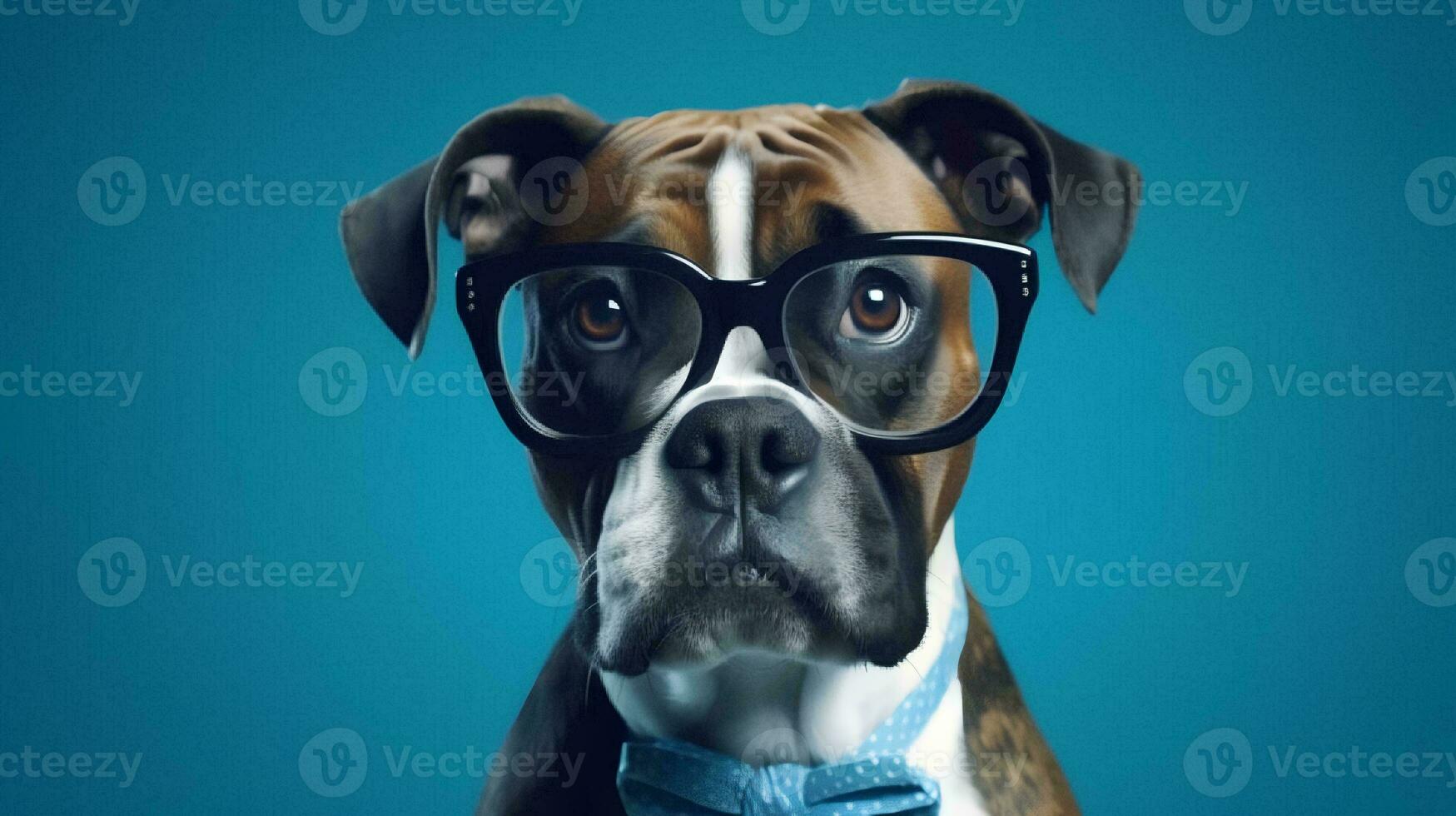 Boxer perro utilizando lentes en azul antecedentes. generativo ai foto