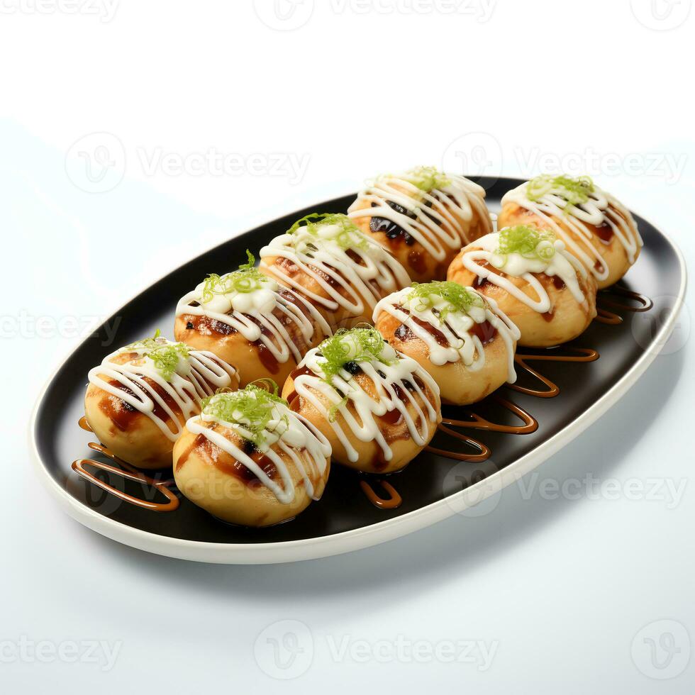 Food photography of takoyaki on plate isolated on white background. Generative AI photo