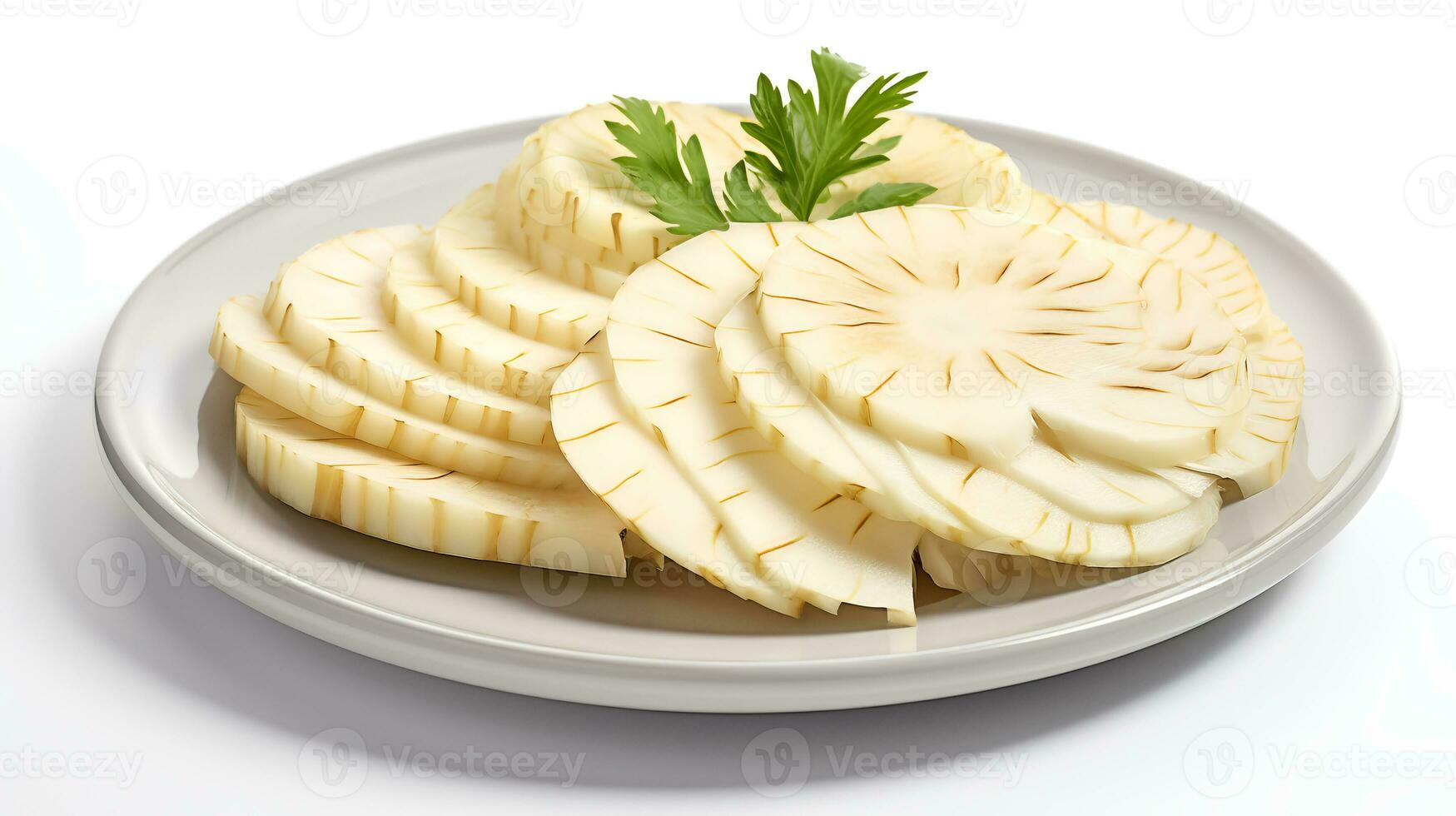 Photo of sliced Celeriac on plate isolated on white background