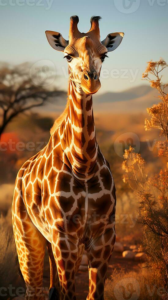 Close up photo of giraffe on savanna at sunset. Generative AI