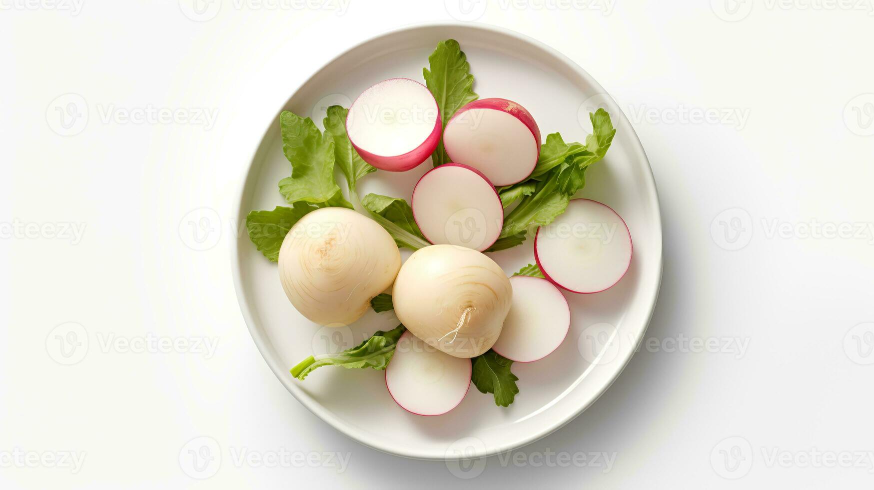 Photo of Turnips sliced pieces on minimalist plate isolated on white background