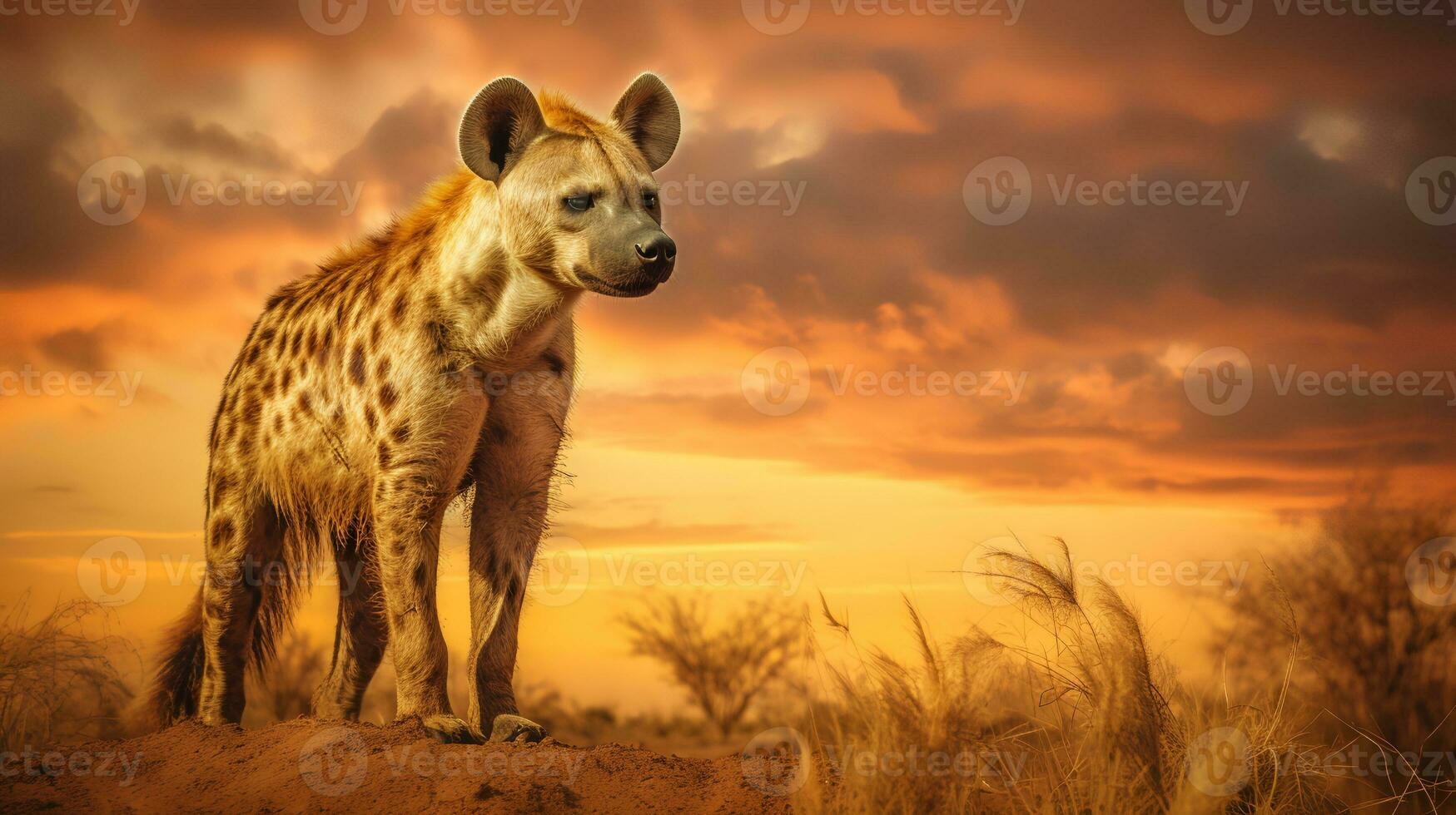 Photo of Hyena on savanna at sunset. Generative AI