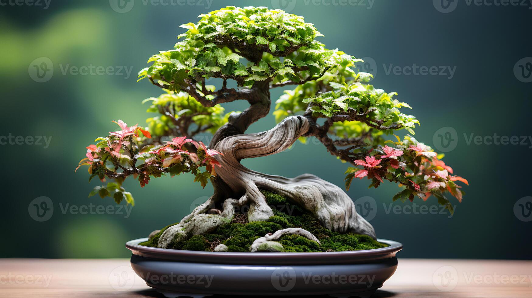 Photo of bonsai in minimalist pot as houseplant for home decoration isolated on blurry background. Generative AI