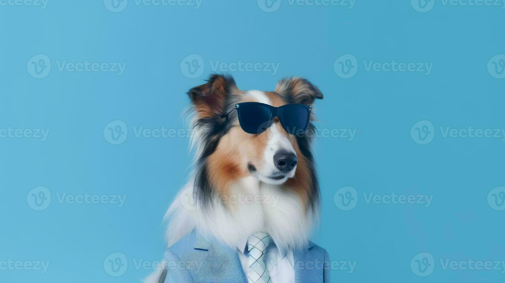 Photo of haughty rough collie dog using sunglasses  and office suit on white background. Generative AI