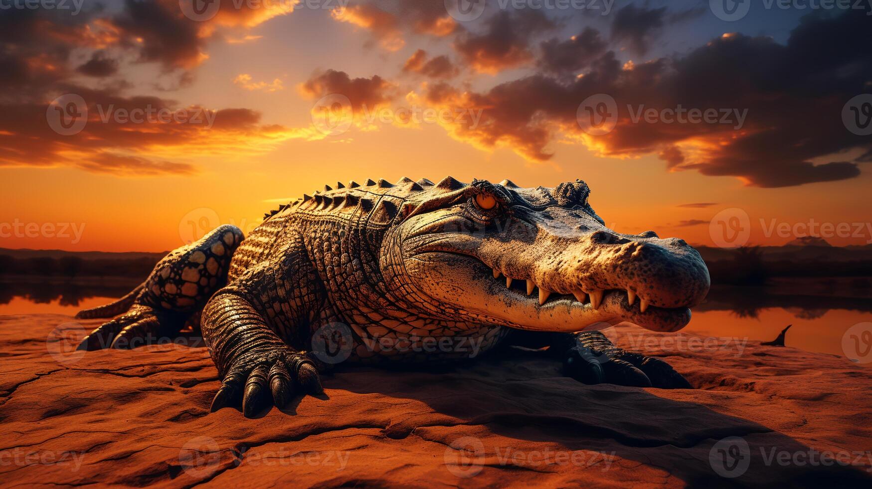 Photo of Crocodile on savanna at sunset.
