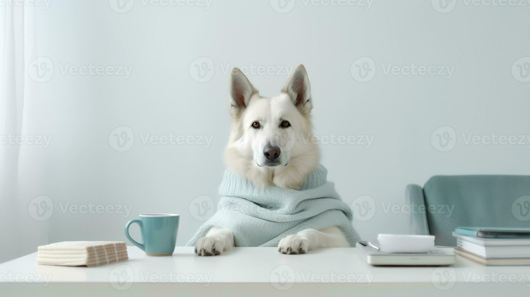 a german shepherd dog in a sweater sits studying accompanied by a cup and piles of books. Generative AI photo
