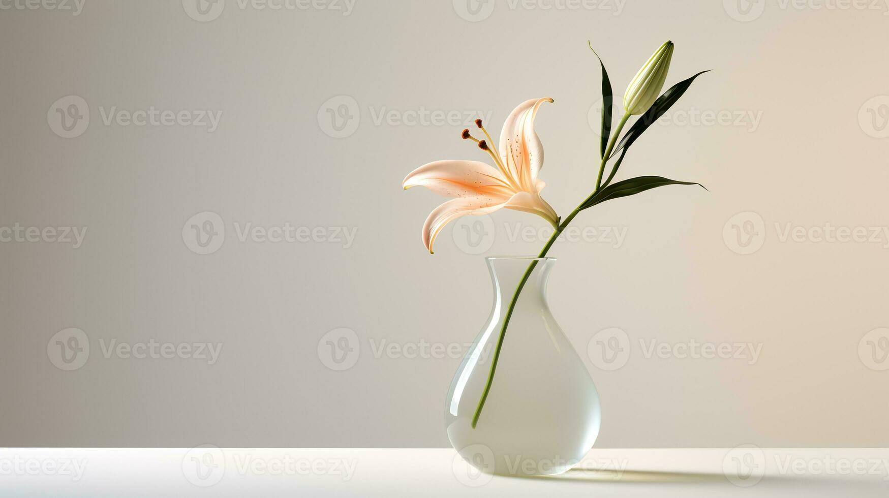 Photo of lily on minimalis transparant vase as houseplant for home decoration on white table on bright background. Generative AI