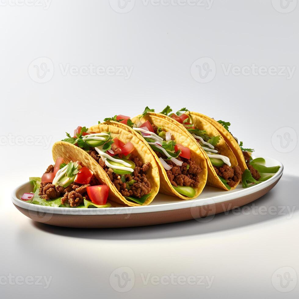 Food photography of Tacos on plate isolated on white background. Generative AI photo