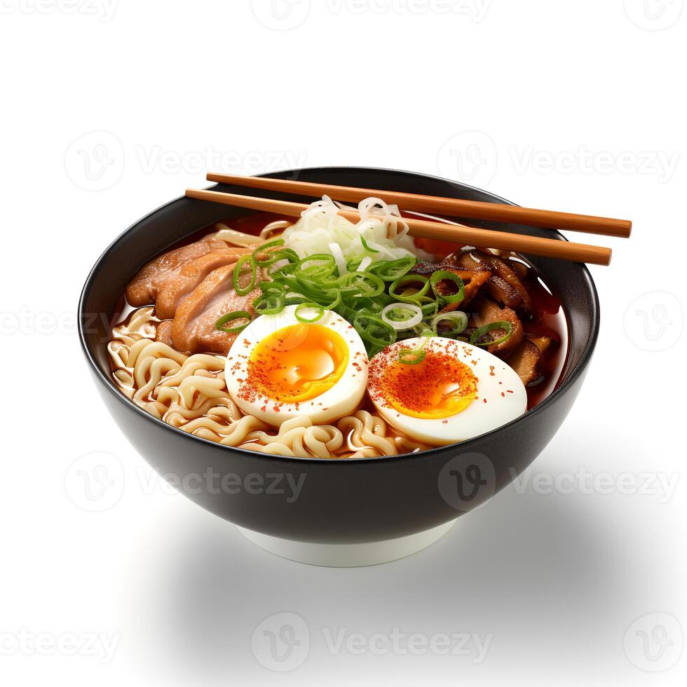 Food photography of Ramen on brown bowl isolated on white background. photo