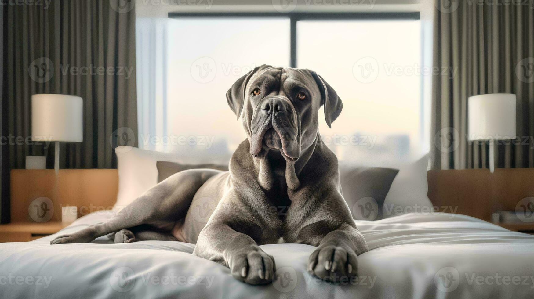 cane corso dog lying on bed in hotel with contemporary interior design. Generative AI photo