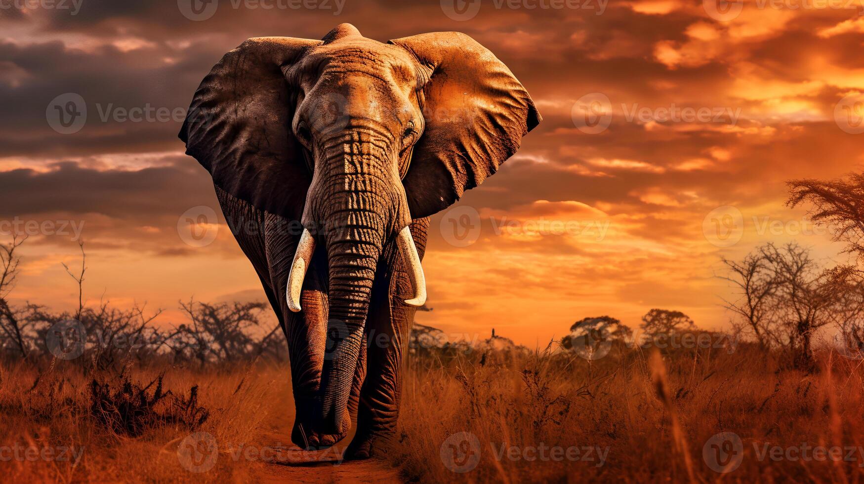 Photo of Elephant on savanna at sunset.