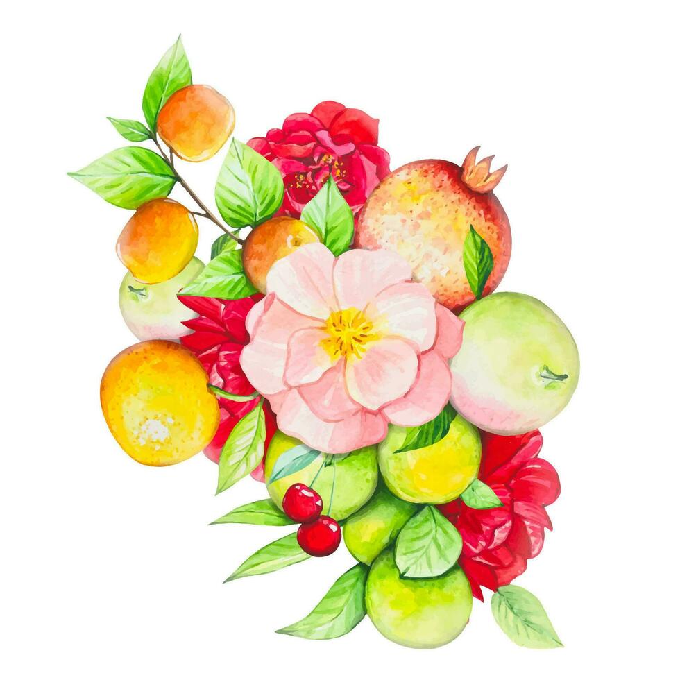 Fruit bouquet with apples, pomegranate, red roses, oranges, peaches. watercolor vector
