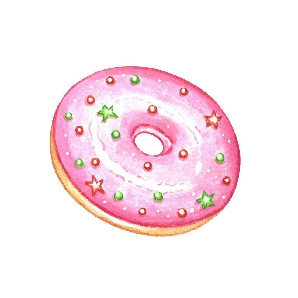 Pink donut with colored sprinkles, watercolor vector