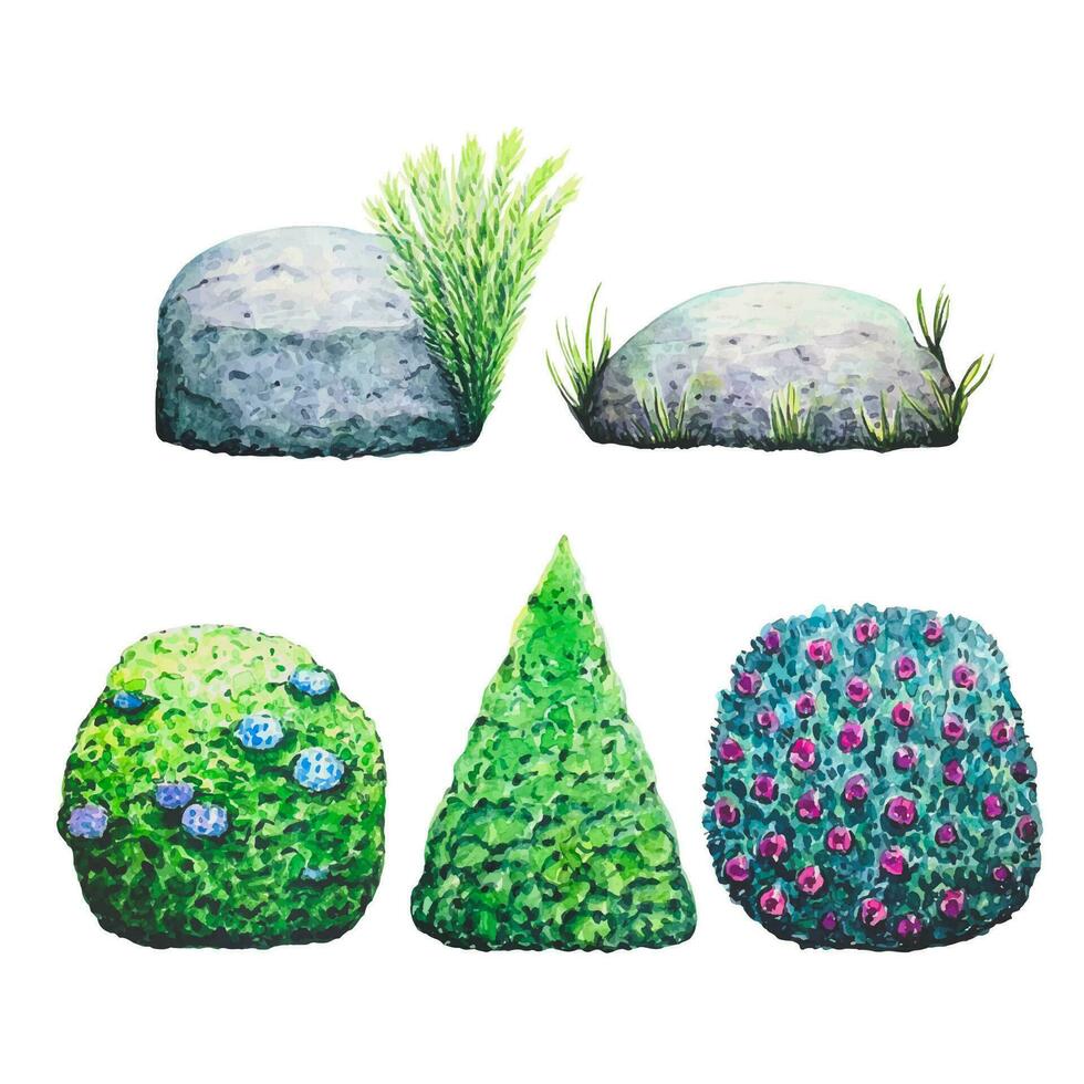 Set with shrubs and stones, watercolor vector