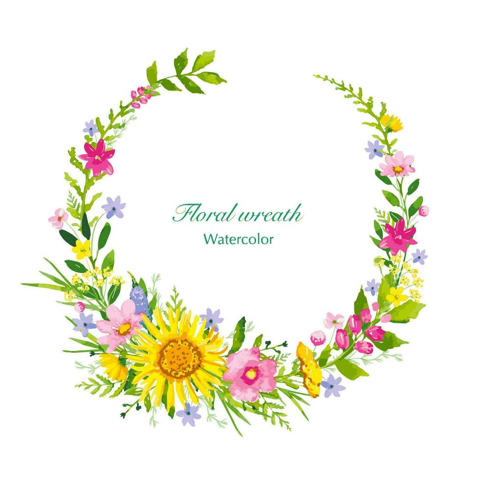 Floral wreath with colorful summer flowers, watercolor vector