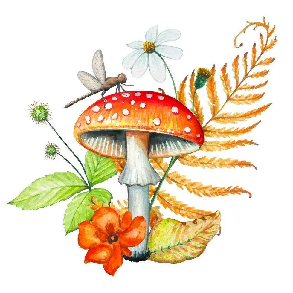 Illustration with fly agaric,dry leaves,herbs. Forest mushroom vector