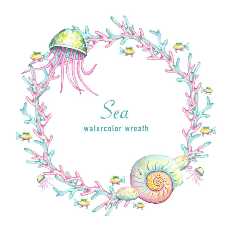 Sea wreath of marine animals, jellyfish, fish, shells. watercolor vector