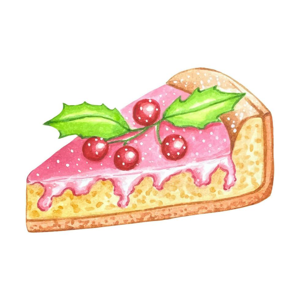 Piece of Christmas cake with pink icing and holly berries, watercolor vector