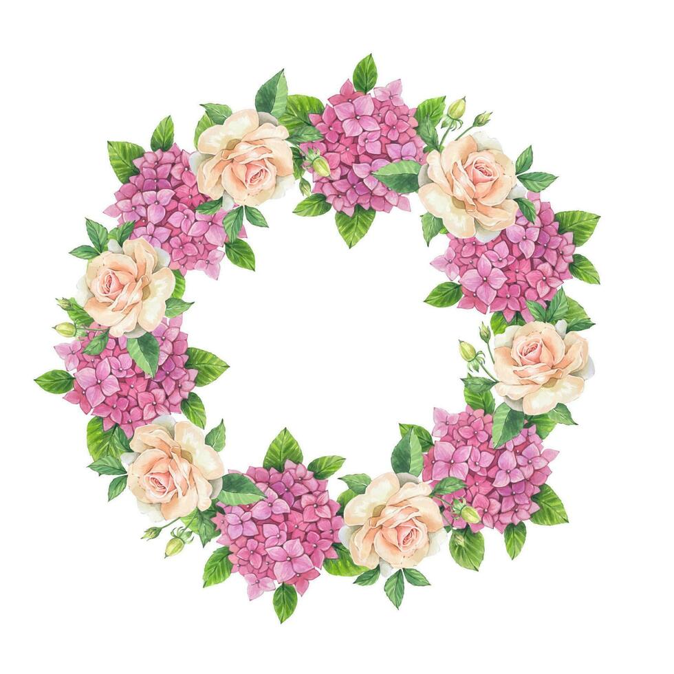 Floral round wreath with pink hydrangea, delicate roses, leaves, watercolor vector