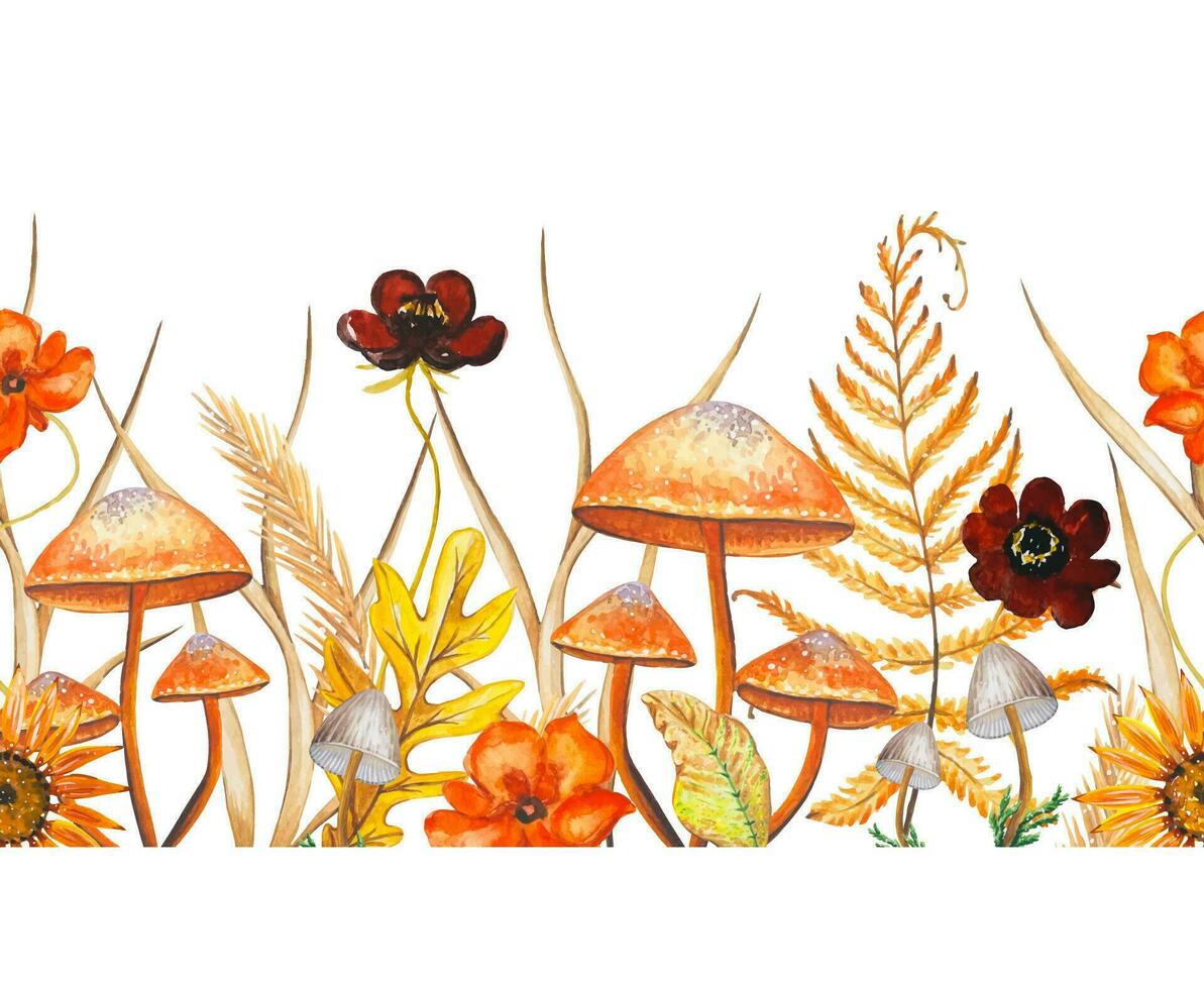 Watercolor seamless border with mushrooms,flowers, dry leaves.Forest mushrooms. vector